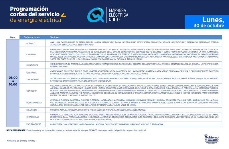 Cronograma de cortes de luz en Quito del 30 de octubre de 2023.