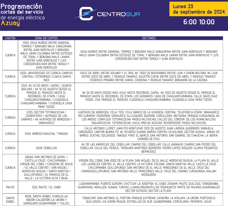 Cuenca: horarios de cortes de luz para este lunes 23 de septiembre.