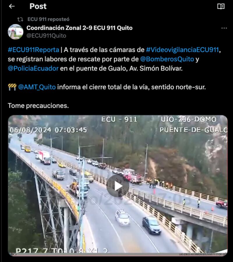 Quito: un hombre se lanzó del puente de Gualo, en la Av. Simón Bolívar