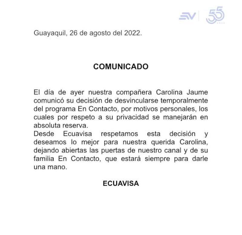 Comunicado sobre la salida de Carolina Jaume de Ecuavisa