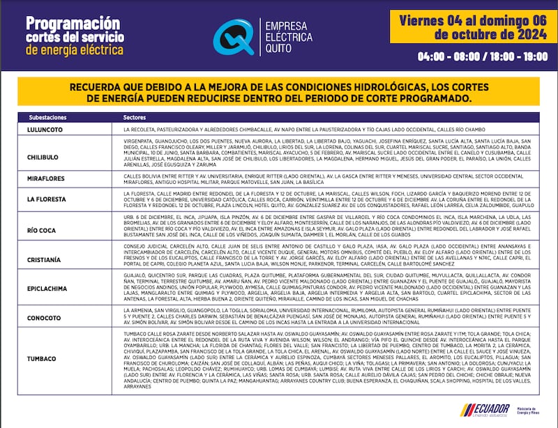 Los nuevos horarios de cortes de luz Quito