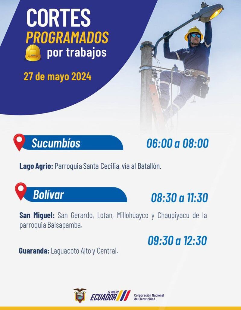 Cortes de luz en cinco provincias del Ecuador para este lunes 27 de mayo. Imagen: CNEL