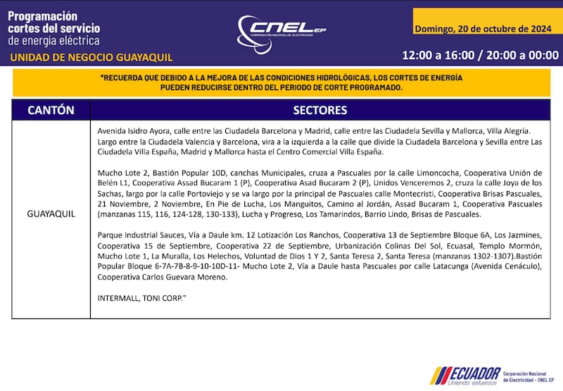 Guayaquil: horarios de cortes de luz para este sábado 19 y domingo 20 de octubre. Imagen: CNEL