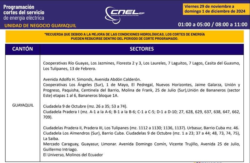 Cortes de luz en Guayaquil hasta el 1 de diciembre