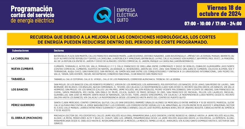 Quito: recuerde los horarios de cortes de luz de este viernes 18 de octubre. Imagen: EEQ