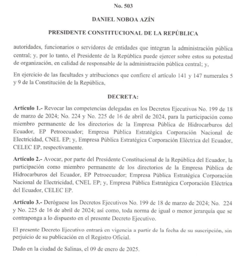 Daniel Noboa será miembro permanente de los directorios de la Empresa Pública de Hidrocarburos, Petroecuador, CNEL y CELEC