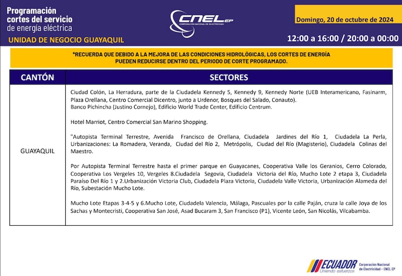 Guayaquil: horarios de cortes de luz para este sábado 19 y domingo 20 de octubre. Imagen: CNEL