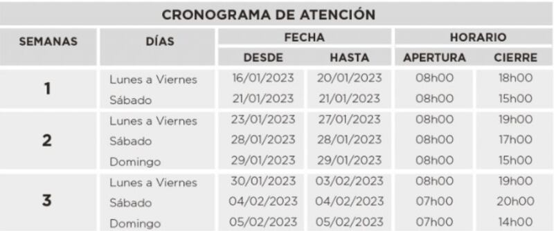 Horarios para cédula 2023