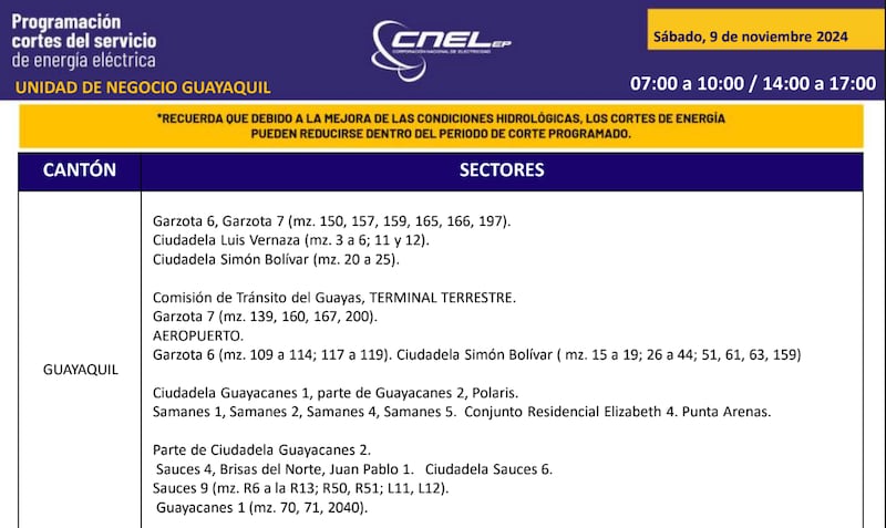 Cortes de luz en Guayaquil el 9 de noviembre