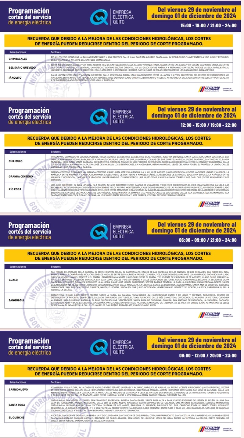 Cortes de luz en Quito del 29 y 30 de noviembre y 01 de diciembre