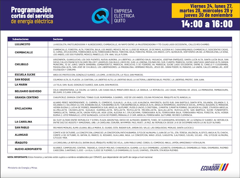 PROGRAMACIÓN CORTES DE LUZ 30 DE NOVIEMBRE