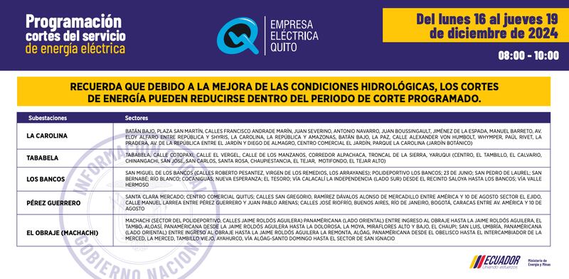 Quito: nuevos horarios de apagones del 16 al 19 de diciembre serán de dos horas. Imagen: EEQ