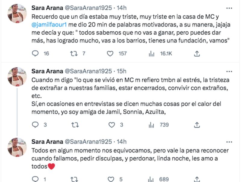 Captura de pantalla de los tuits de Sara sobre Jamil