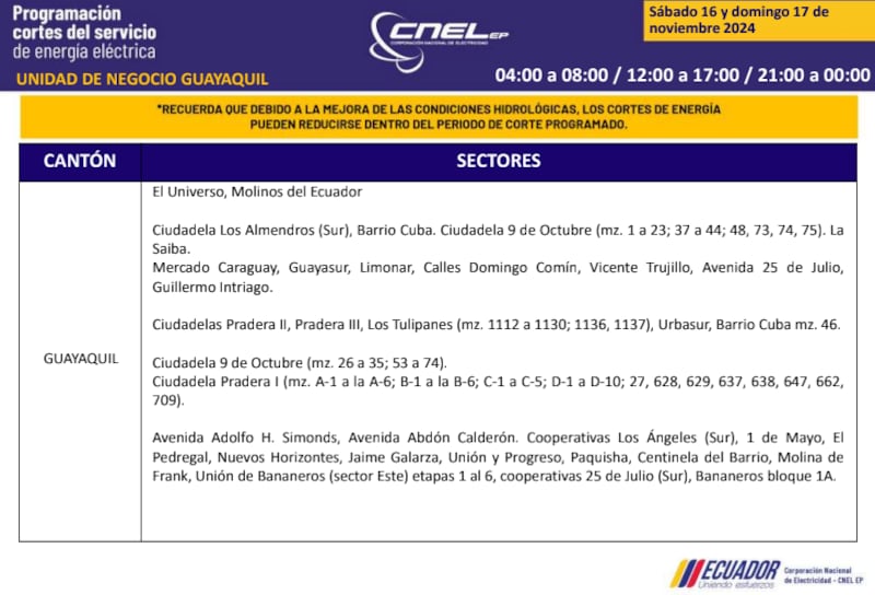 Guayaquil: horarios de cortes de luz de este domingo 17 de noviembre. Imagen: CNEL