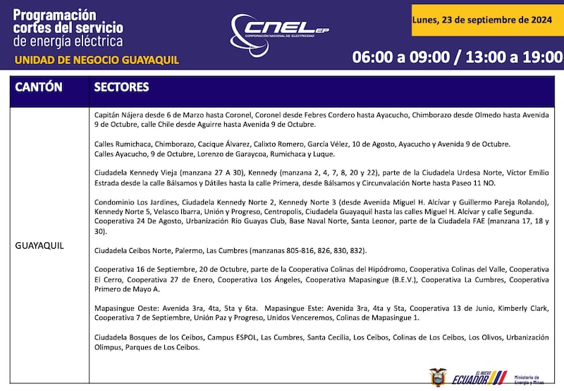 Así quedan los horarios de cortes de luz para Guayaquil