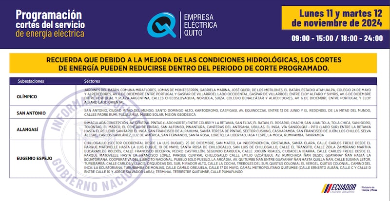 Cortes de luz en Quito 11 y 12 de noviembre