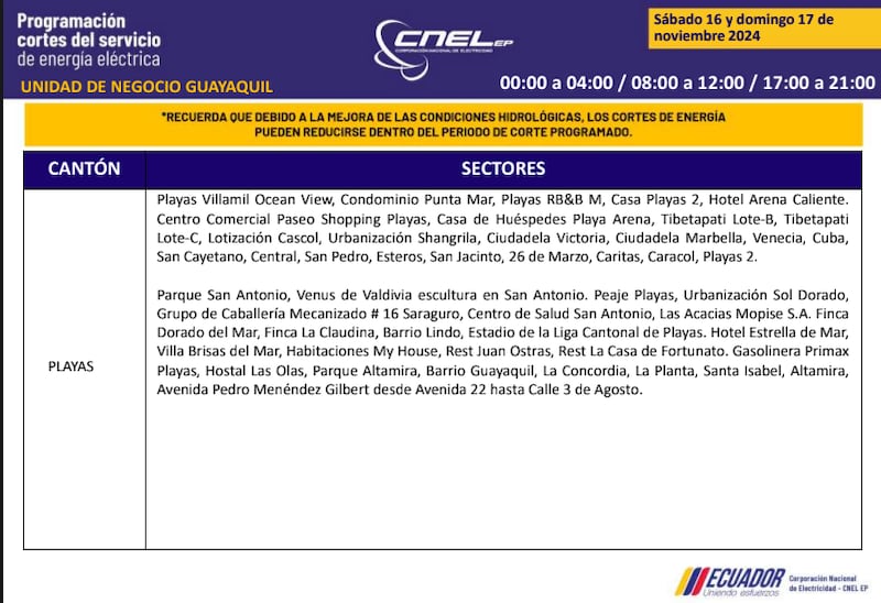 Guayaquil: horarios de cortes de luz de este domingo 17 de noviembre. Imagen: CNEL