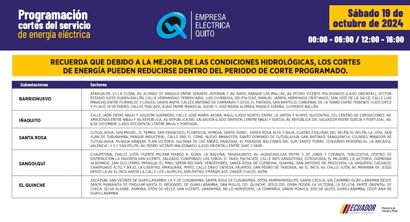 Quito: estos son los horarios de cortes de luz para este sábado 19 y domingo 20 de octubre. Imagen: EEQ