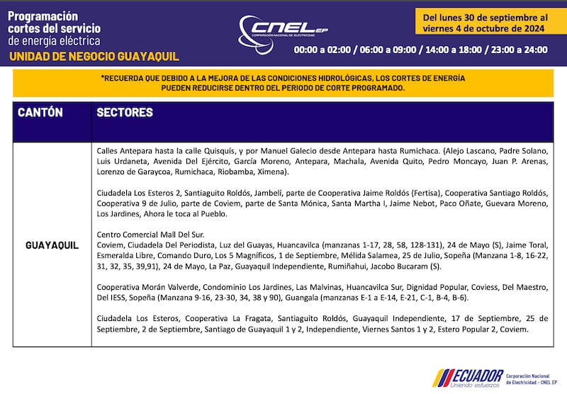 Cortes de luz en Guayaquil hasta el 4 de octubre