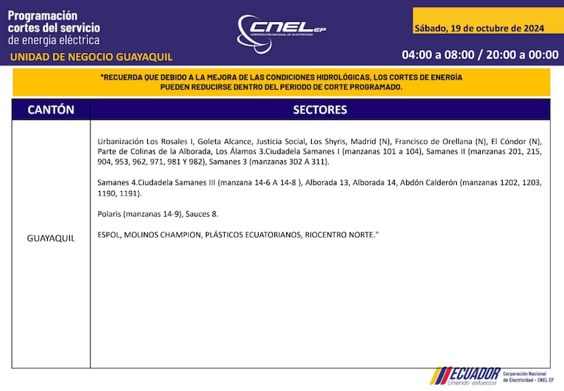 Guayaquil: horarios de cortes de luz para este sábado 19 y domingo 20 de octubre. Imagen: CNEL