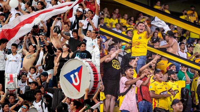 Hinchas de Liga de Quito y Barcelona SC en el estadio