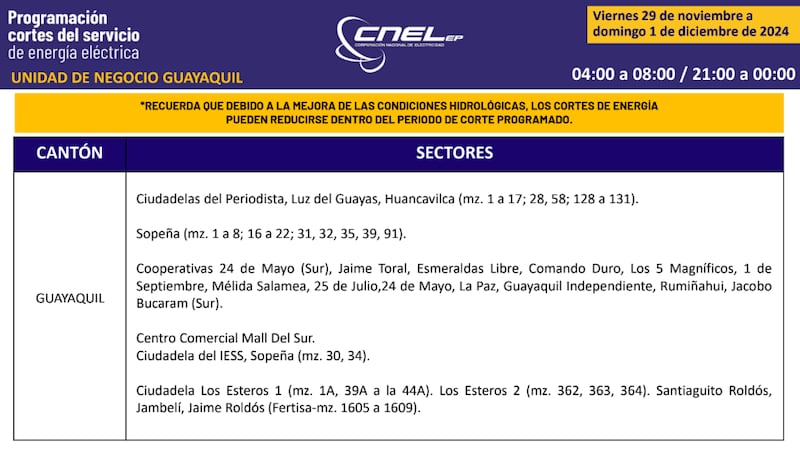 Cortes de luz en Guayaquil hasta el 1 de diciembre