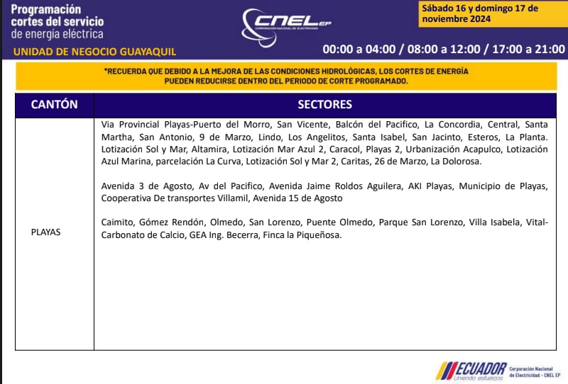 Guayaquil: horarios de cortes de luz de este domingo 17 de noviembre. Imagen: CNEL