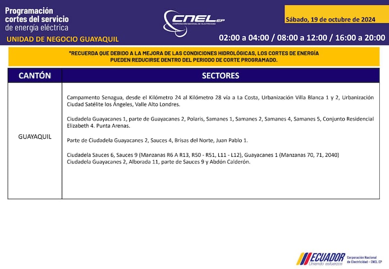 Guayaquil: horarios de cortes de luz para este sábado 19 y domingo 20 de octubre. Imagen: CNEL