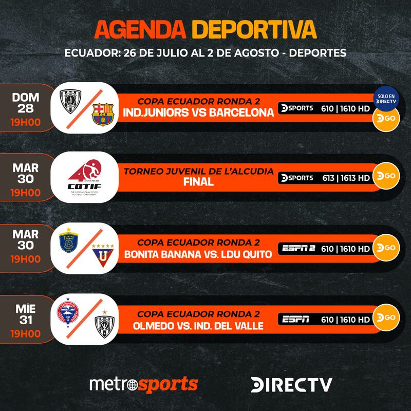 Agenda deportiva DIRECTV del 26 de julio al 2 de agosto 2024