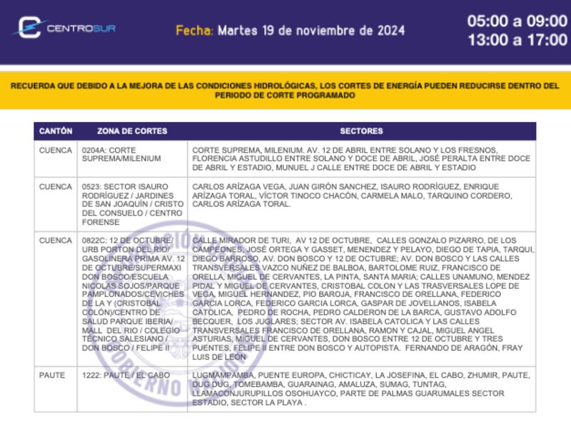 Corte de luz en Cuenca de este miércoles 20 de noviembre