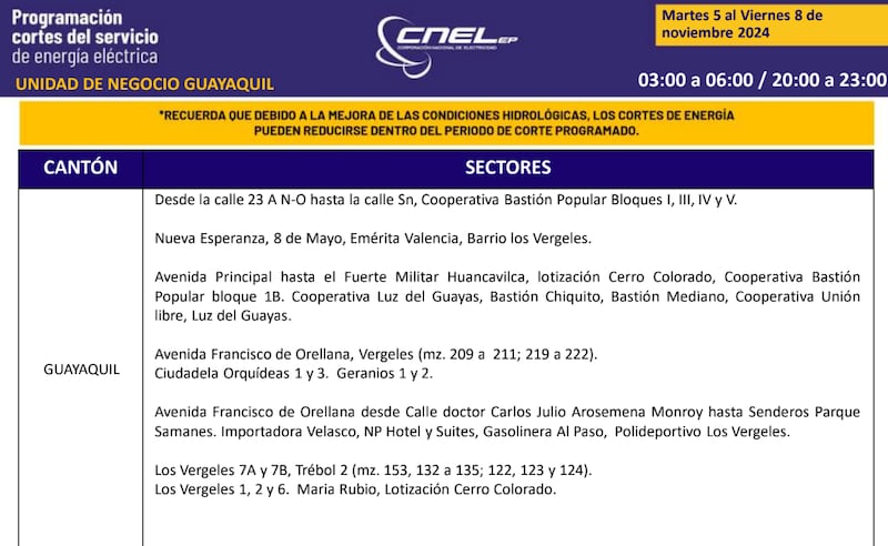 Cortes de luz en Guayaquil hasta el 8 de noviembre