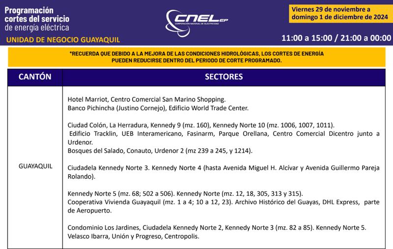 Cortes de luz en Guayaquil hasta el 1 de diciembre