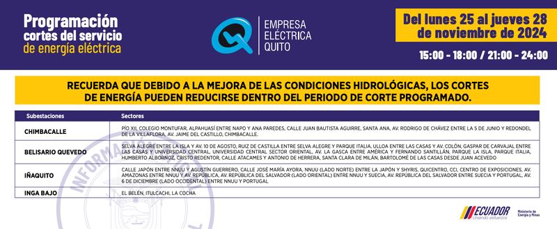 Cortes de luz en Quito del 25 al 28 de noviembre