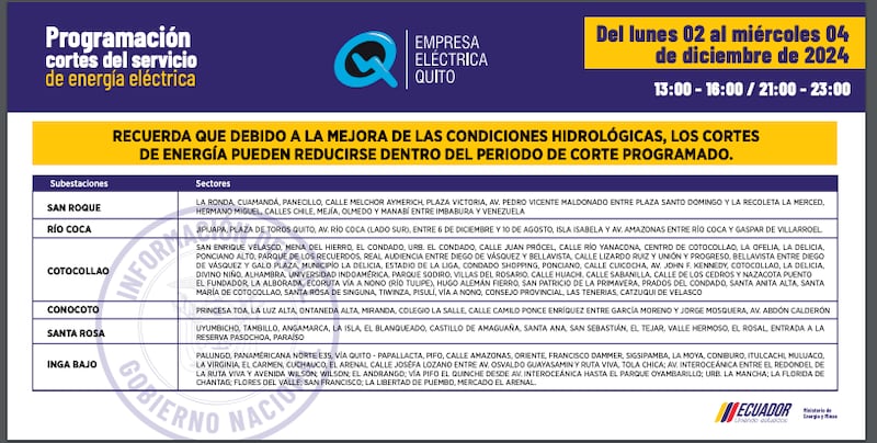 Los barrios de Quito que no tendrán luz en las noches durante las fiestas