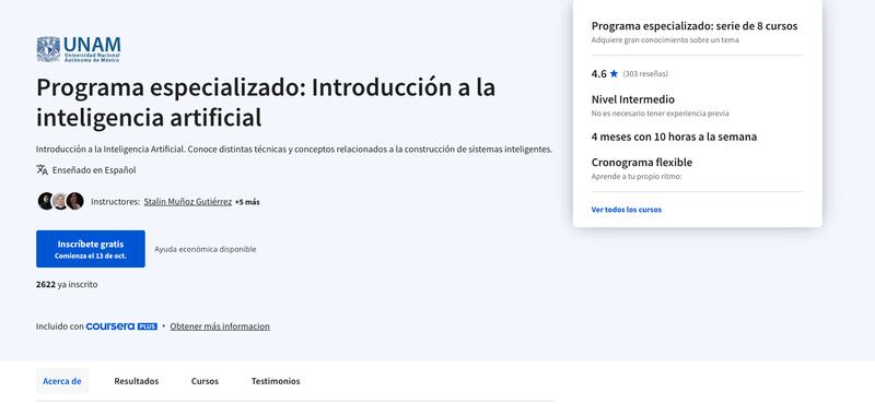 Ejemplo del feed de uno de los cursos gratuitos que oferta la UNAM.