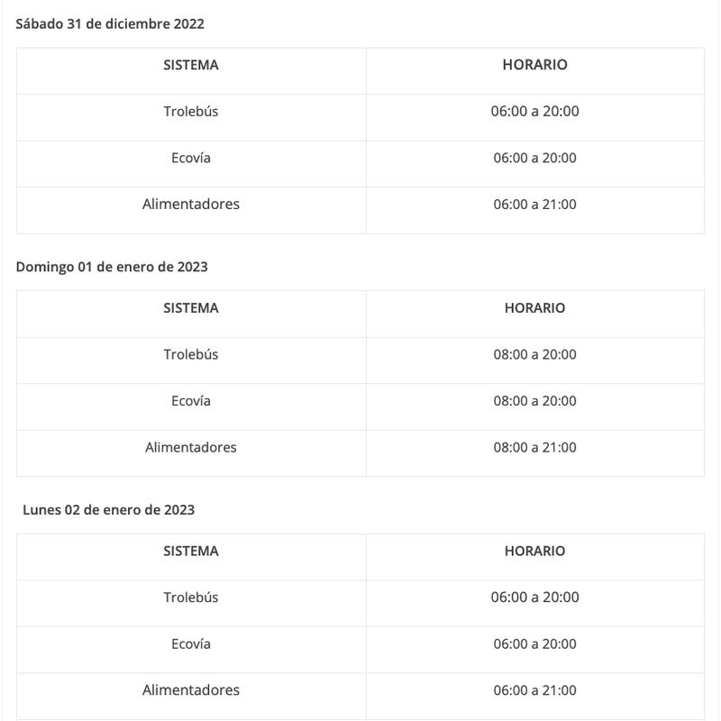 Horarios del Trole y la Ecovía en Fin de Año