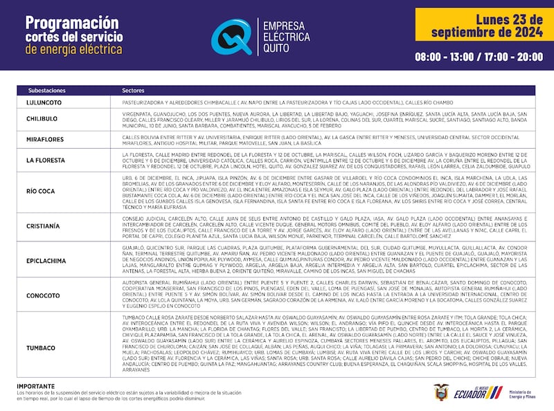 Nuevos horarios de cortes de luz para Quito