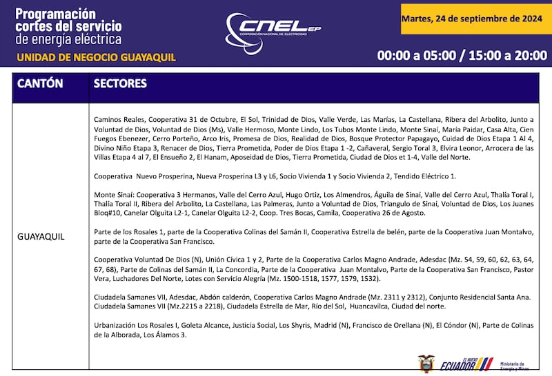 Horario de cortes de luz para este martes 24 de septiembre en Guayaquil.