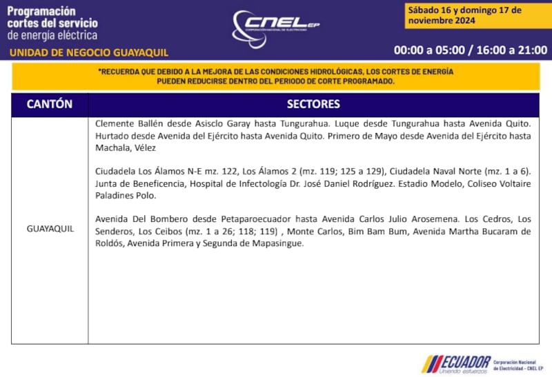 Guayaquil: horarios de cortes de luz de este domingo 17 de noviembre. Imagen: CNEL