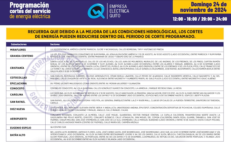 (SECTOR INDUSTRIAL) Cortes de luz en Quito del domingo 24 de noviembre