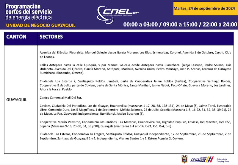 Horario de cortes de luz para este martes 24 de septiembre en Guayaquil.