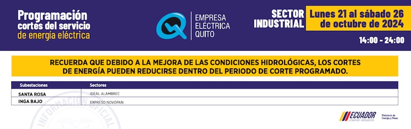 Horarios de corte de luz en Quito hasta el 26 de octubre