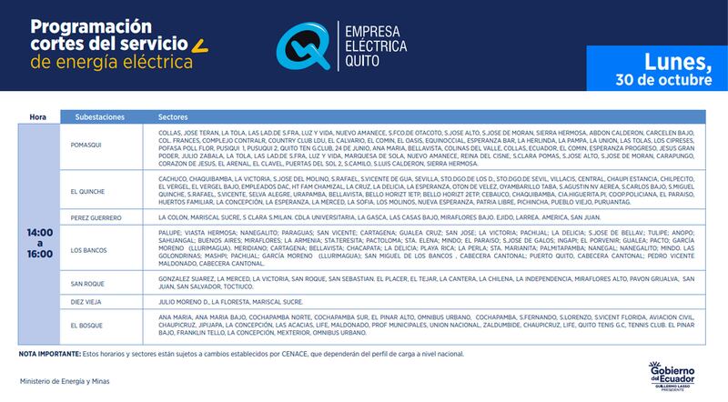 Cronograma de cortes de luz en Quito del 30 de octubre de 2023.