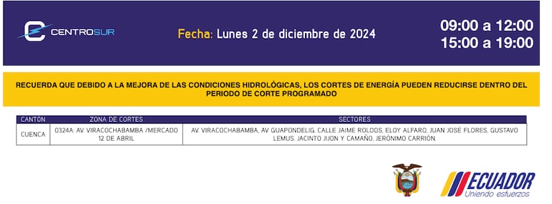 Cuenca: revise el cronograma de cortes de luz de este lunes 2 de diciembre. Imagen: CENTROSUR