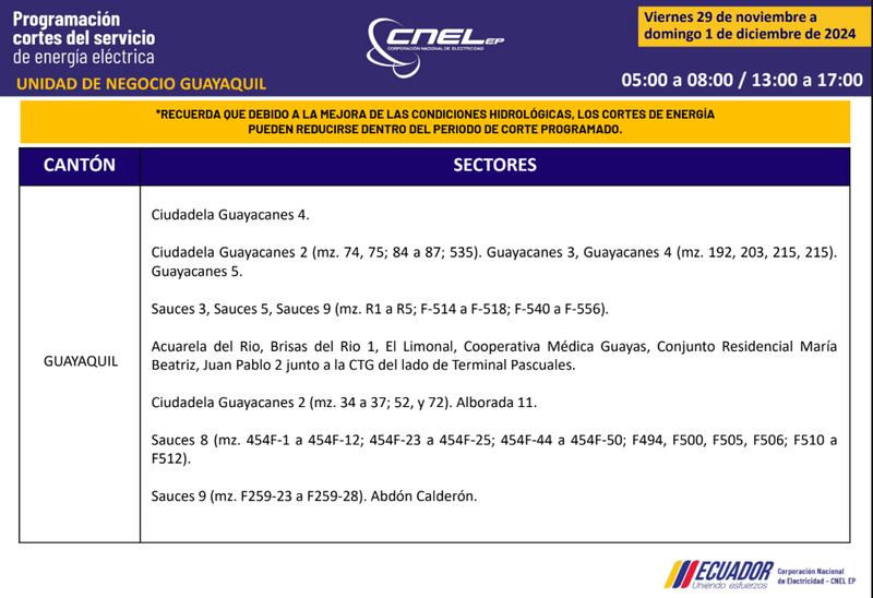 Cortes de luz en Guayaquil hasta el 1 de diciembre