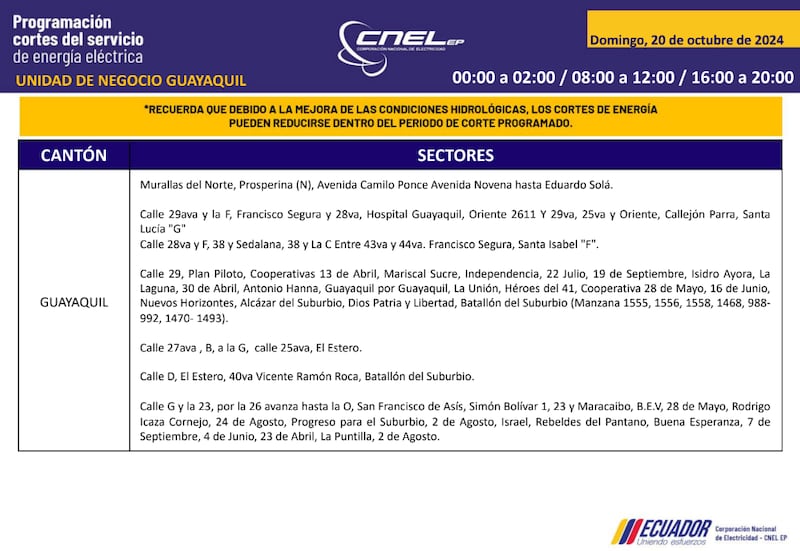 Guayaquil: horarios de cortes de luz para este sábado 19 y domingo 20 de octubre. Imagen: CNEL