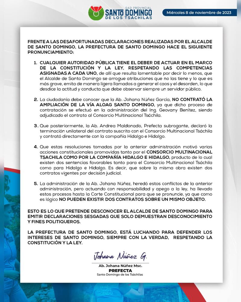 Pronunciamiento de la prefecta de Santo Domingo, Johana Núñez, tras las declaraciones del alcalde Wilson Erazo sobre la vía Alóag Santo Domingo.