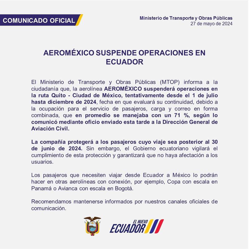 La razón por la que Aeroméxico suspendió operaciones en Ecuador