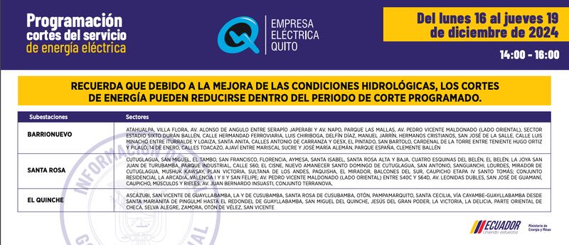 Quito: nuevos horarios de apagones del 16 al 19 de diciembre serán de dos horas. Imagen: EEQ