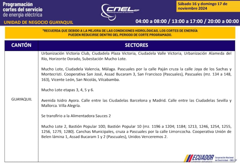 Guayaquil: horarios de cortes de luz de este domingo 17 de noviembre. Imagen: CNEL